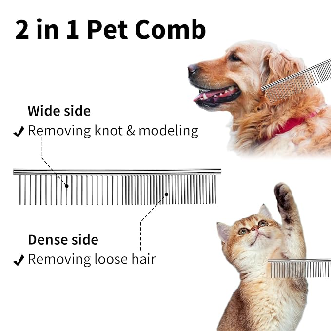 2PCS 6.4"&7.5" Stainless Steel Pet Deshedding Brush & Grooming Comb | Rustproof Stainless Steel, Remove Loose Fur & Tangles, Gentle on Skin, For Dogs Cats All Hair Types, Easy Clean Grooming Tool