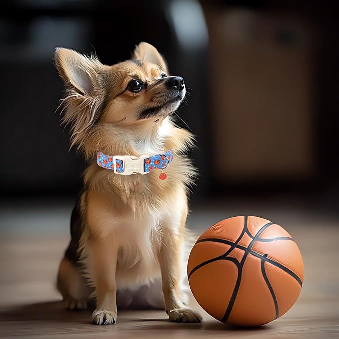 Basketball Dog Collar, Cute Boy Dog Collars for Medium Dogs - Blue Sports Themed Cotton Male Dogs Collar, Soft Adjustable Daily Pet Collars with Quick Release Buckle M