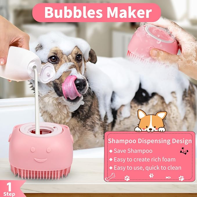 Comotech 6PCS Dog Bath Brush & Dog Toothbrush | Adjustable Handle Shampoo Brush & Scrubber for Short & Long Haired Dogs & Cats | Effectively Solve Odor & Stain Removal Problems (Pink Red Pink)