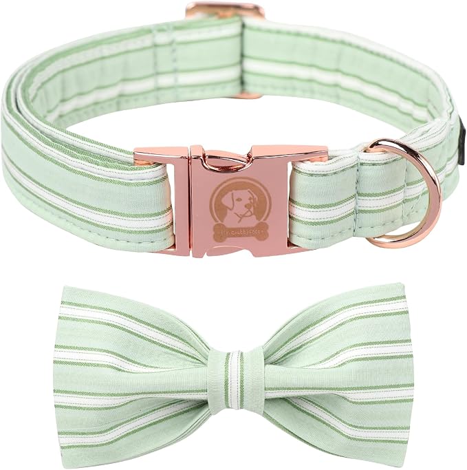 Green Dog Collar with Bowtie, Cute Pet Collar for Girl Boy Female Dogs, Adjustable Cotton Puppy Collar with Metal Buckle for Large Dogs