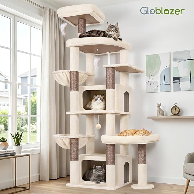 Globlazer 75in Sturdy Cat Tree Tower for Indoor Large Cats, S75, Beige | Multi-Level Heavy Duty Cat Tower with Scratching Post, Oversized Condos & Perches for Big Cats, Large Baskets, Enlarged Base