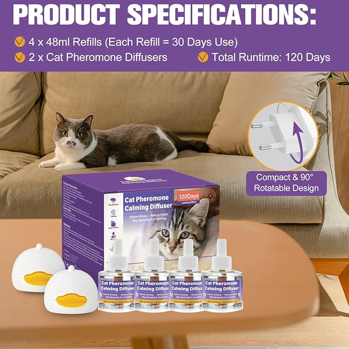 Cat Calming Pheromone Diffuser, 4 Refills 48ml & 2 Diffusers, 120 Days Long-Lasting, Relieve Anxiety, Reduce Fighting, Spraying & Scratching, Safe for Cats Kittens & Humans
