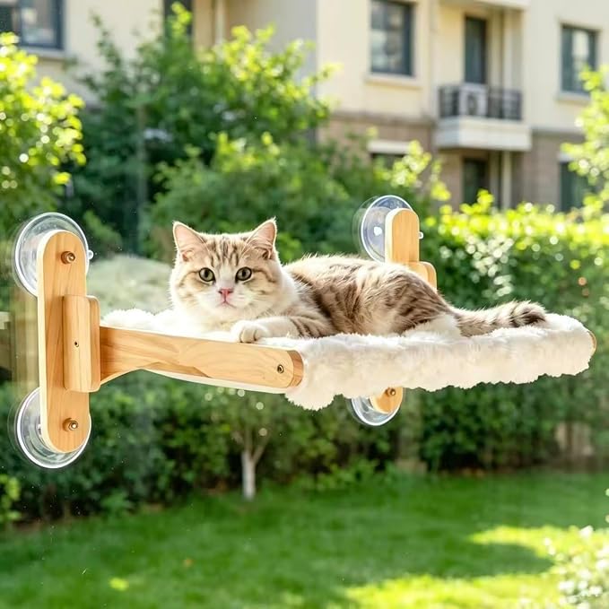 Foldable Cat Window Perch,Cat Hammock Bed with Wood Frame,Washable Soft Rabbit Fur Cover,Strong Suction Cup,Window Seat for Kitten, Indoor Cats, Birds Watching