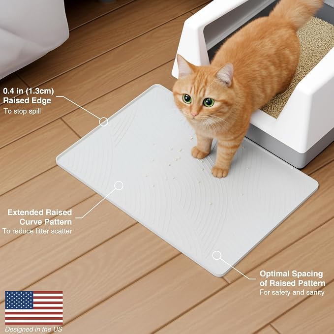 Cat Litter Box Mat - SM Small Medium Size 24 x 17 in, Water Proof, Kitty Litter Trapping Mat, Easy to Clean, Scatter Control, Odorless, Pet Supplies for Indoor Cats, Light Gray