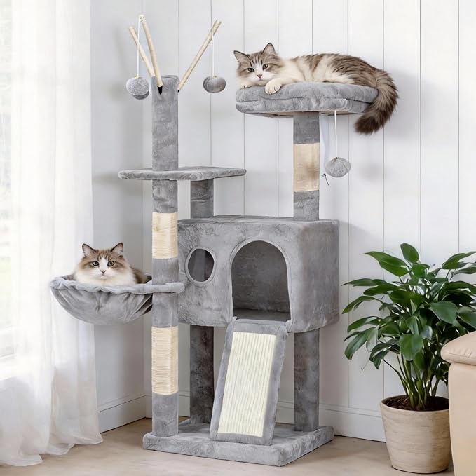 Hey-brother Cat Tree Tower with Removable Toys, Scratching Posts, MPJ008SW | 41.3 Inches Plush Cozy Condo with Platform, Hammock, Sisal Scratch Board and Ball for Indoor Cats, Light Gray