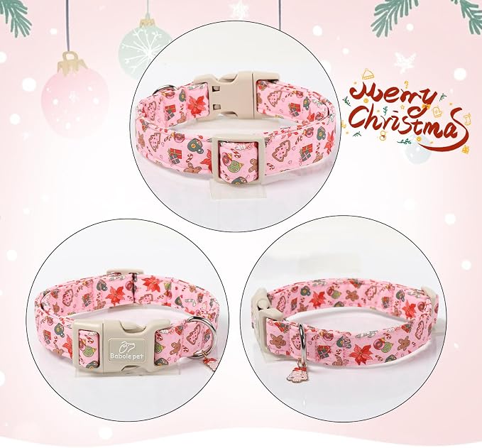 Christmas Dog Collar - Cute Pink Cozy Christmas Puppy Collar with Safety Buckle, Soft Adjustable Holiday Dog Collars for Small Medium Large Dogs M
