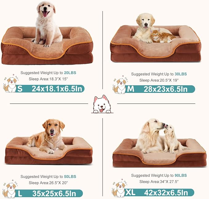 DUMOS Orthopedic Dog Beds for Large Sized Dogs, 42x32 in Machine Washable Cover Pet Bed, Anti-Slip Waterproof Memory Foam Couch Bed for Indoor Dogs and Cats, Brown