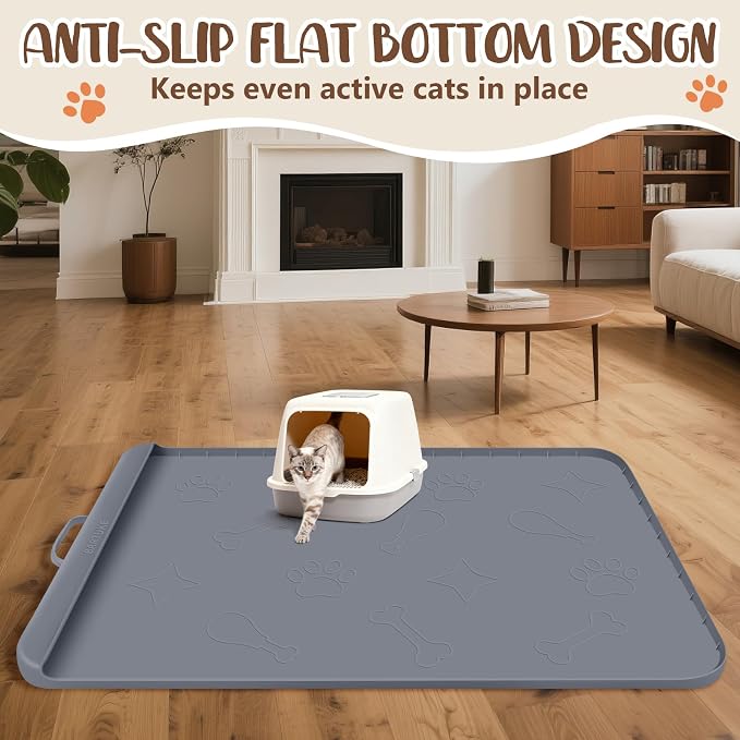 Cat Litter Mat for Litter Box 42" x 28", Large Silicone Mat, Dark Grey | Waterproof Litter Trapping Mat with Residue Collection Pocket, Raised Edge, Non-Slip Pet Placemat for Floors