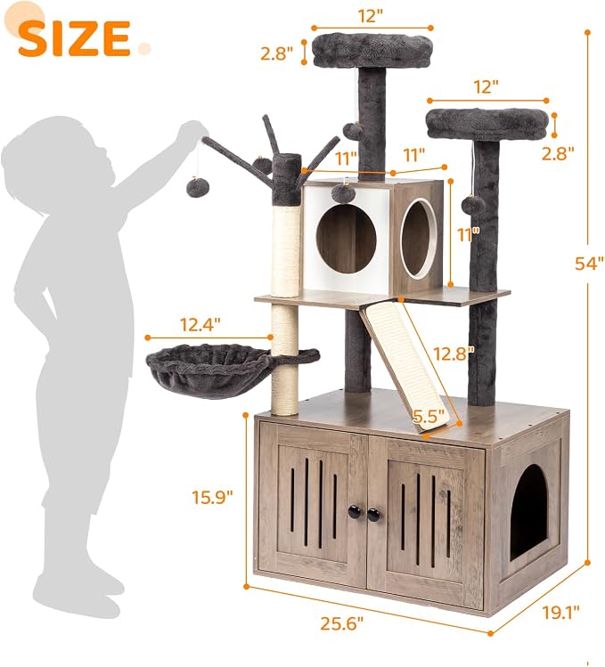 VINGLI Cat Tree Tower with Litter Box, 54" H All-in-1 Wooden Cats Condo, Cat Tower wih Scratching Posts, Houses for Indoor Kittens Hidden Cat Washroom Furniture (Gray & Wood, 54" H)
