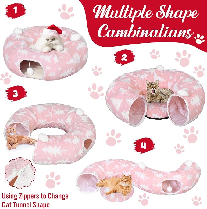 Dansydaisy Cat Tunnel Christmas Tree Skirt, Pink Christmas Tree Cat Tunnel Bed with Star and Toys, Hanging Pom Ball Plush Washable Cushion Peekaboo Playground for Small Medium Rabbit Xmas Decor