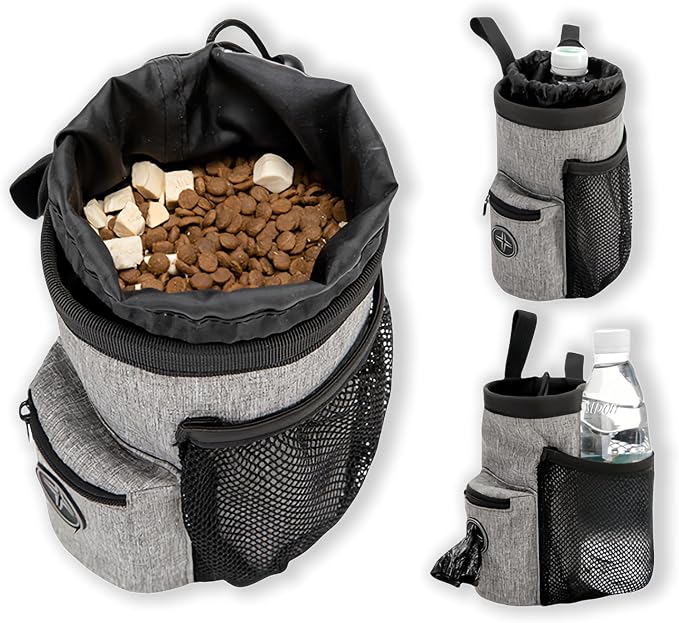 Dog Treat Pouch – Pet Training Treat Bag with Drawstring Closure, Poop Bag Dispenser, Multiple Pockets for Treats & Kibbles | 3 Ways to Wear with Adjustable Waist & Shoulder Straps | Hands-Free Walks