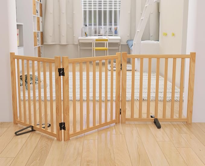 YOCAN Non-Painted Wooden Freestanding Dog Gates for The House,Doorways, Stairs,Wood Dog Fences Indoor Pet Gate,Step Over Fence-3 Panels L:69" H:23"