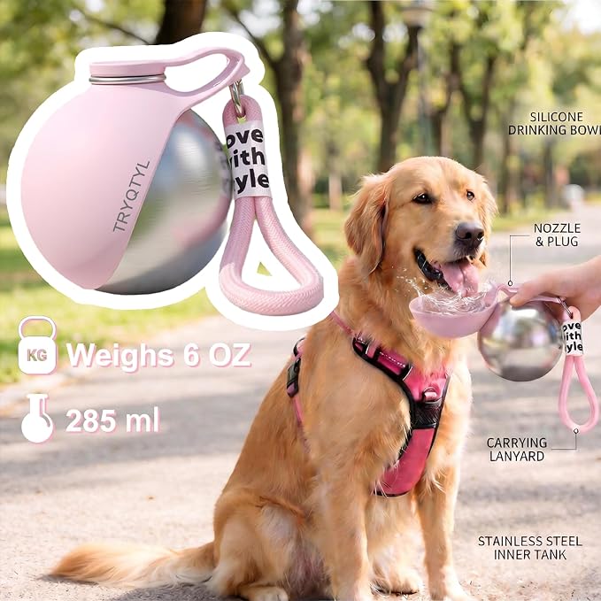 Dog Water Bottle, 10oz Stainless Steel Portable Dog Water Bottle with Foldable Silicone Bowl, 2-in-1 Portable Dog Water Bowl for Water & Food, Water Dispenser for Dogs Walking (Pink Printed)
