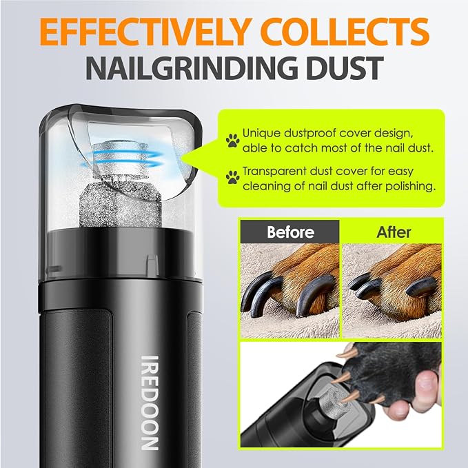 IREDOON Dog Nail Grinder Upgraded - Professional 3-Speed Super Quiet and Low Vibration Electric Pet Nail Grinder with 4 LED Lights - Painless Paws Grooming & Smoothing for Small to Large Dogs (Black)