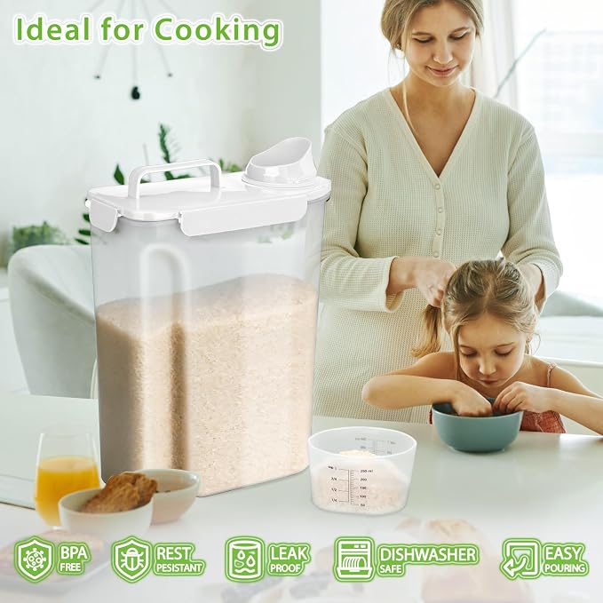 Viretec Rice Storage Container, 15 to 20lb Dry Food Airtight Dispenser, Pet Dog Cat Food Canister, BPA Free Clear Plastic Kitchen and Pantry Organization Bin for Oatmeal, Cereal, Pasta, Flour White