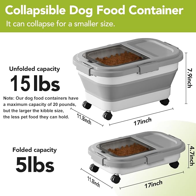 Summark 15 Lbs Dog/Cat Food Storage Container,Collapsible Food Storage Containers with Rolling Wheel Airtight Locking Lid,Pet Food Storage Container with Cup and Scoop,Grey