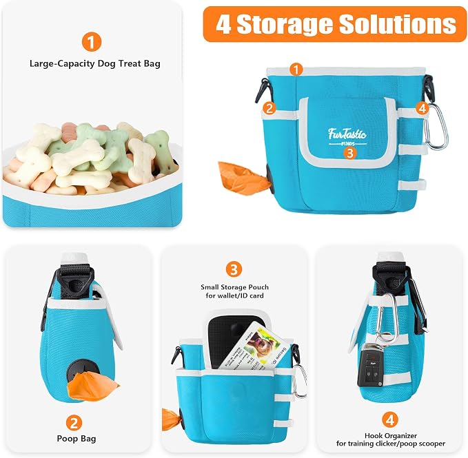 Dog Treat Pouch with Magnetic Closure for Pet Training | 3-Way Wear Treat Bag, 900D Waterproof Fabric, 4 Storage Spaces for Walking, Hiking, Agility, Training & Daily Rewards, Blue