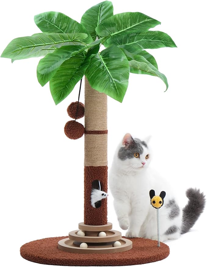 Made4Pets 27" Tall Cat Scratching Post with Sisal Rope, Interactive Hanging Balls, Toy Mouse and Two-Layer Ball Track Kitten Toys, Palm Tree Cat Scratcher Tower for Indoor Cats and Kittens
