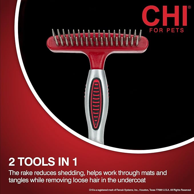 CHI for Dogs Double-Sided Shedding Rake and Blade, 2-in-1 Grooming Tool for Dematting, Deshedding, and Undercoat Removal, Ionic Technology, Ergonomic Soft Grip Handle, All Coat Types, Red