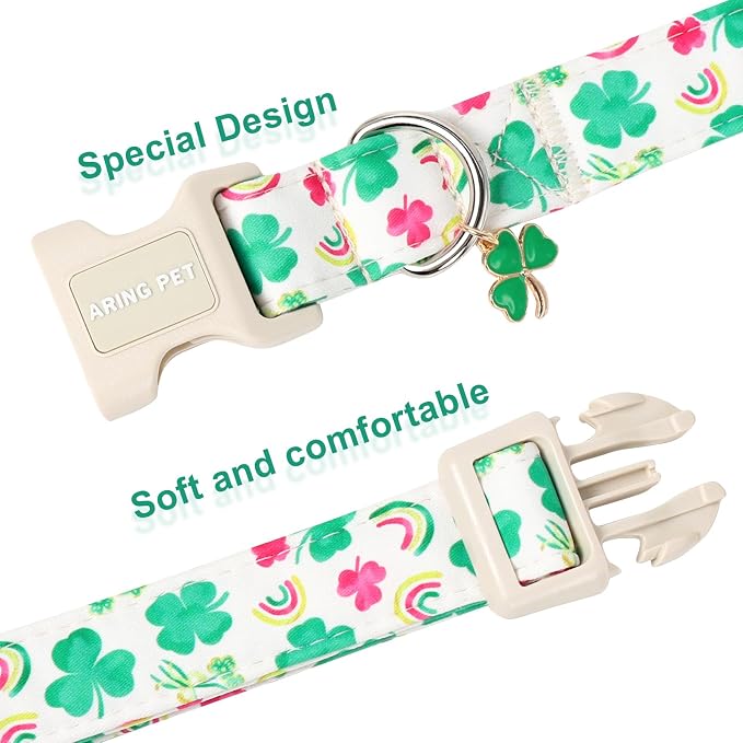 ARING PET St Patrick's Day Dog Collar, Cute White Green Clover Shamrock Rainbow Pink Floral Puppy Pet Collars for Small Medium Large Boy Girl Dogs-XL