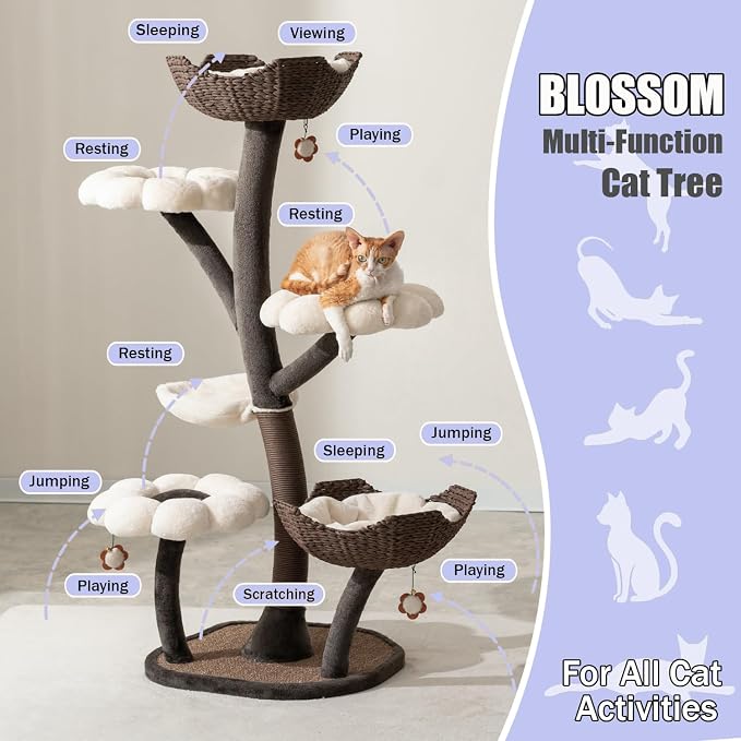 Catry Floral Large Cat Tree with Handcrafted Basket Beds & Flower Perches | Handwoven Baskets Beds with Washable Pads, Durable Iron Frame, Replaceable Flower Perches & 1 Hammock for Multi-Cat Homes