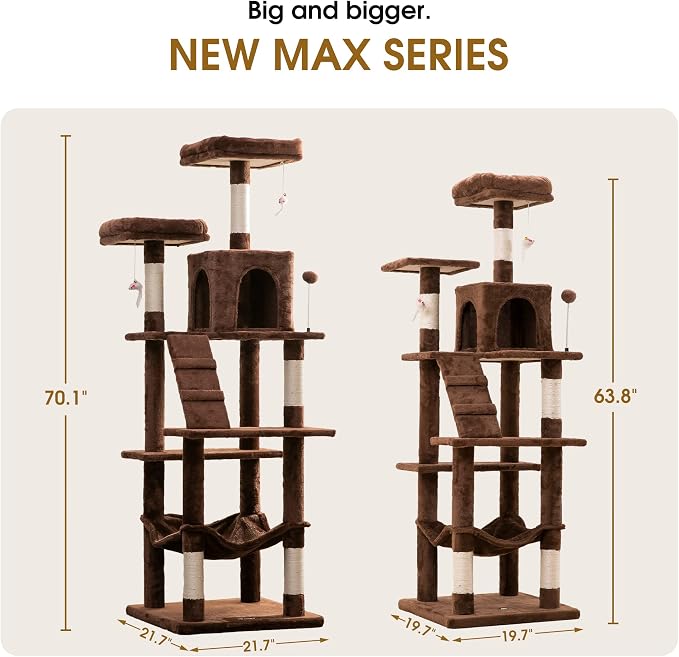 MWPO 70.1-Inch Large Cat Tree, Multi-Level Tall Cat Tower for Indoor Cats, Plush Cat Condo with Big Padded Perches, Sisal-Covered Scratching Posts, Hammock, Toys for Kittens & Cats - Brown