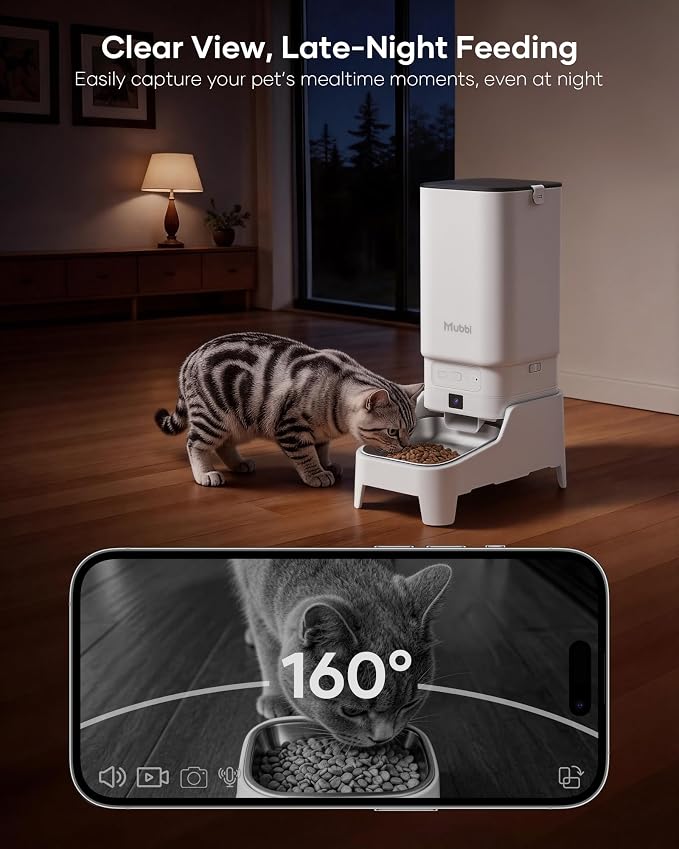 Automatic Cat Feeder with Camera - 7L/29 Cups Auto Dog Feeder with Large Food Tray & 1080P Night Vision, Elevated Bowl, 2-Way Audio, 10s Voice Recording, 5G WiFi Timed Cat Food Dispenser, 1-15 Meals