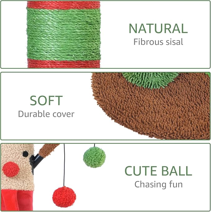 BOLUO Christmas Cat Scratching Post Deer Cat Trees for Adult Cats Scratcher Cute Toy Kitten Kitty Sisal Scratch with Teaser Ball Indoor 25 inch