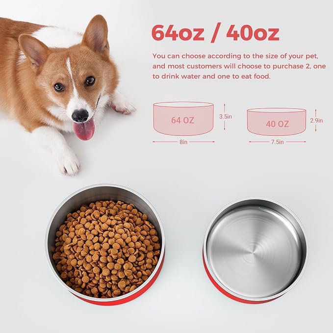 Dog Bowl, Stainless Steel Dog Food and Water Bowl with Non Slip Quiet Bottom, Easy to Clean, Dishwasher Safe, 40oz, Red
