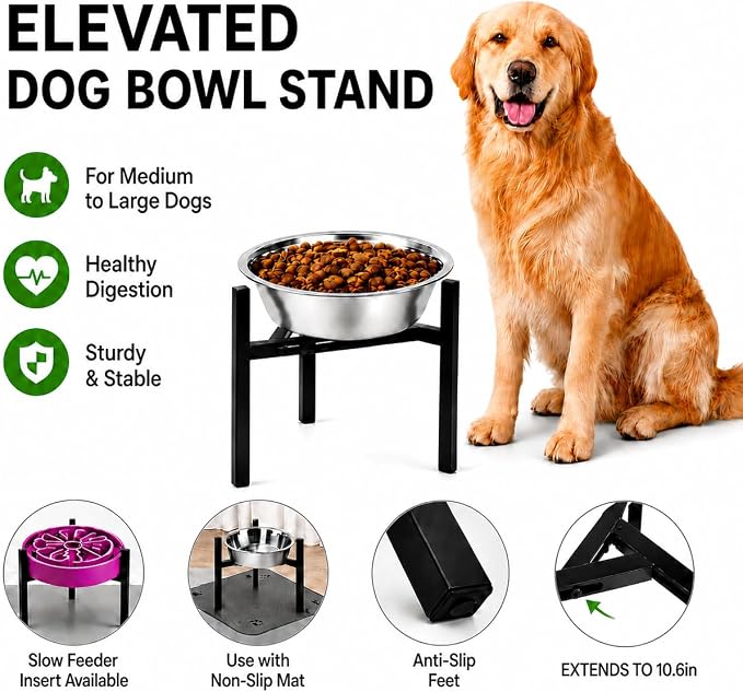 Adjustable Width Dog Bowl Holder - Single Bowl Feeder for Medium to Large Breed Dogs, fits Bowls from 8-11 inches, Sturdy Metal Construction, Ergonomic Design (Bowl not Included) (1-Pack)
