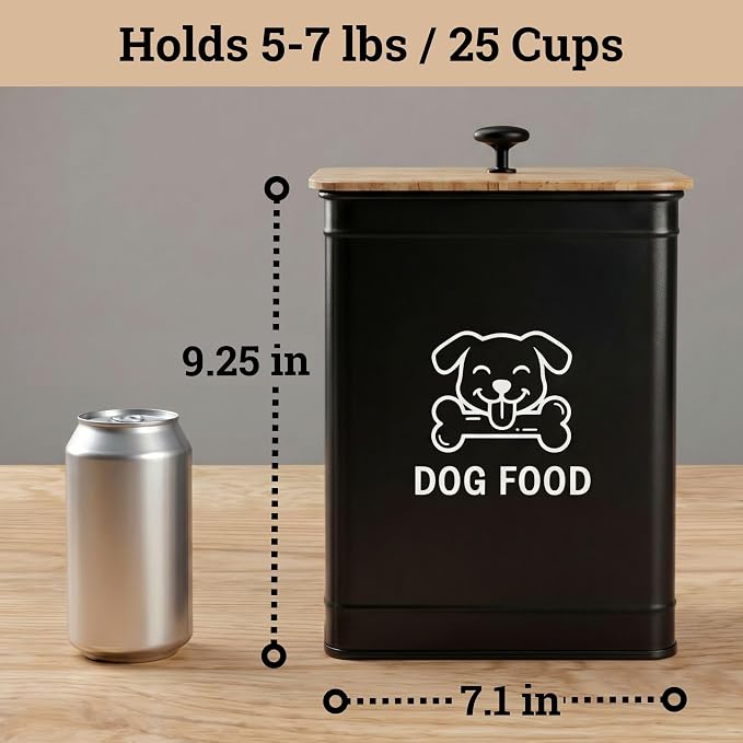 Metal Dog Food Container 5-7lb, 25 Cup w/ Airtight Bamboo Lid, Metal Handle | Pet Jar For Dogs up to 50lbs, Airtight Bamboo Lid, Sturdy Comfortable Metal Handle, Powder Coated Iron, Kibble Storage Bin