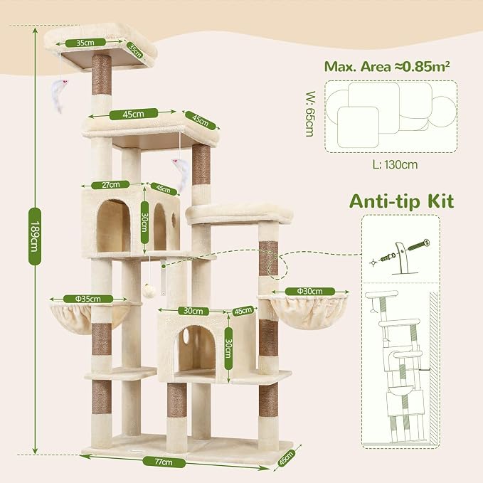 Globlazer 74in Large Sturdy Cat Tree for Large Cats, F74F, Dark Grey | Tall Maine Coon Cat Tower for Indoor Cats Large Adult with 8 Scratching Posts, 2 Spacious Cat Condos, 3 Perches
