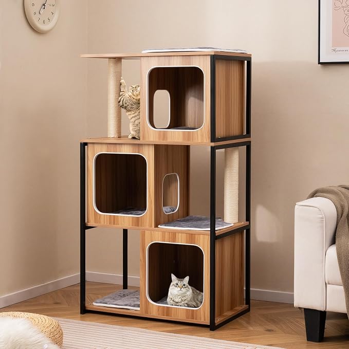 52-inch Wood Cat Tree for Indoor Cats, Multi-Level Solid Metal Framed Wooden Cat Tower with Sisal Scratching Posts and Pad, 3 Condos, and Top Platform with Cat Hole