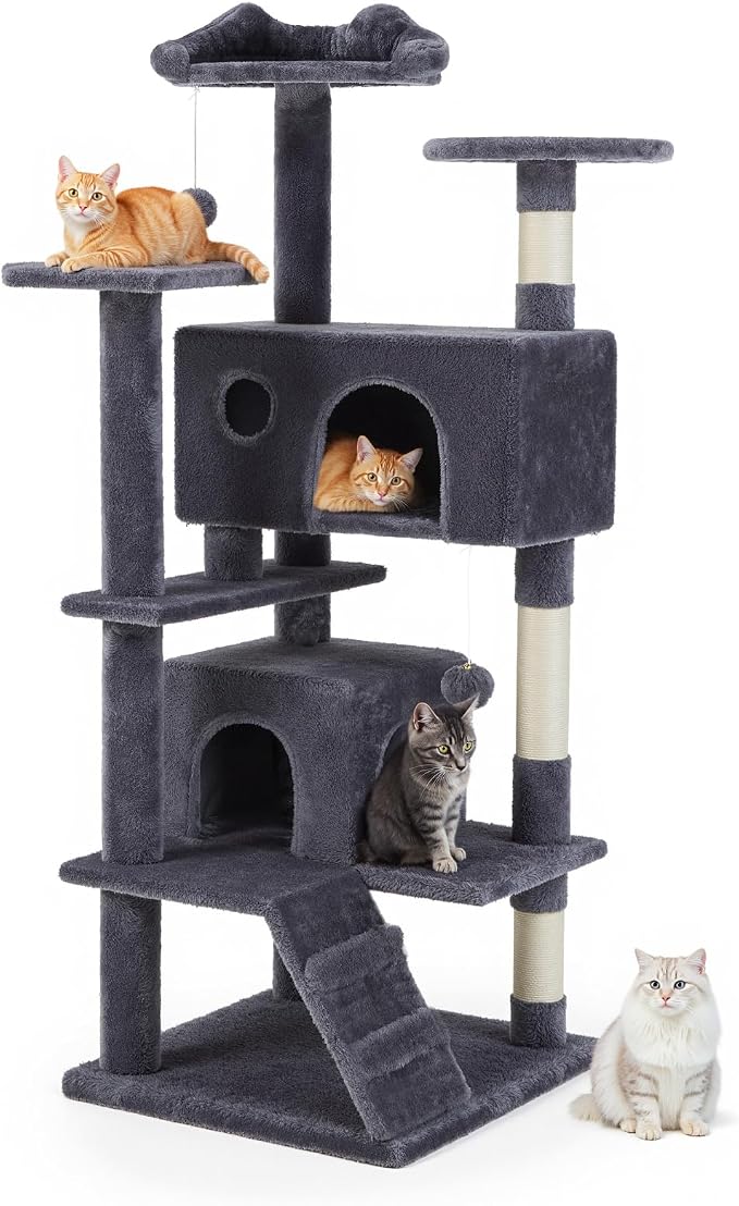 54 Inch Cat Tree Tower with Sisal Scratching Posts | Multi-Level Cat TreeTower with Climbing Ladder, Play Toy Balls House for Indoor Cats, Grey
