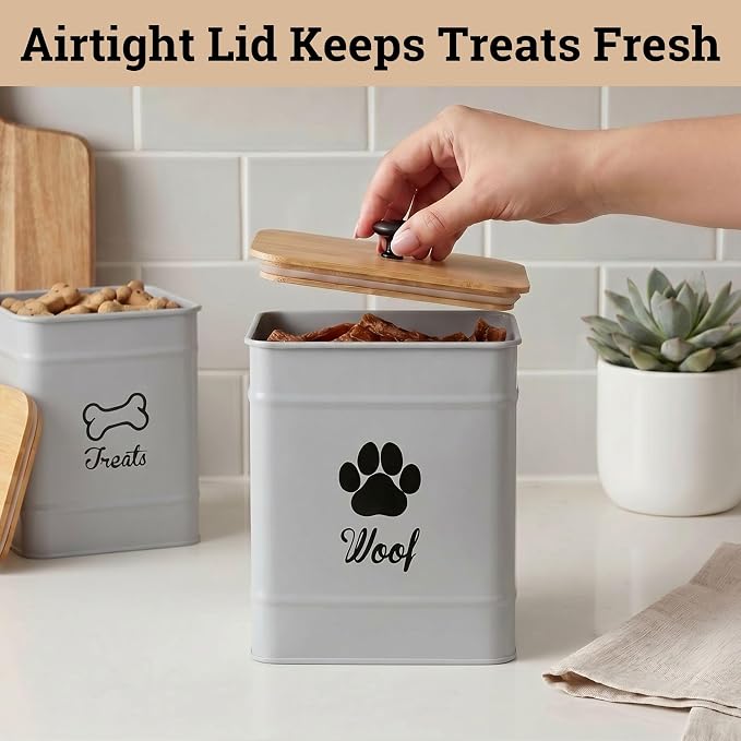 Dog Treat Container Set of 2 with Airtight Bamboo Lids - 8x6 & 7x5 inch | Fits All Popular Treats, Up to 20 Cups Combined Capacity, Airtight Bamboo Lid, Easy Open Lid, Dent-Resistant Durable Metal