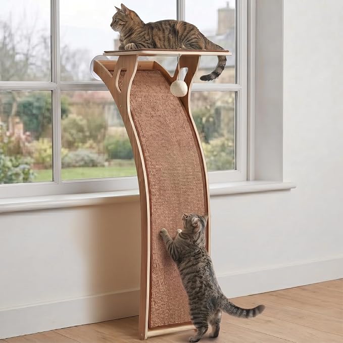 JKXJKX 47" Floor Standing Cat Window Perch with Curved Scratching Ramp, 80 Lbs Heavy Duty Window Bed Seat with Suction Cups, Furniture for Large Cats Indoor Bird Watching