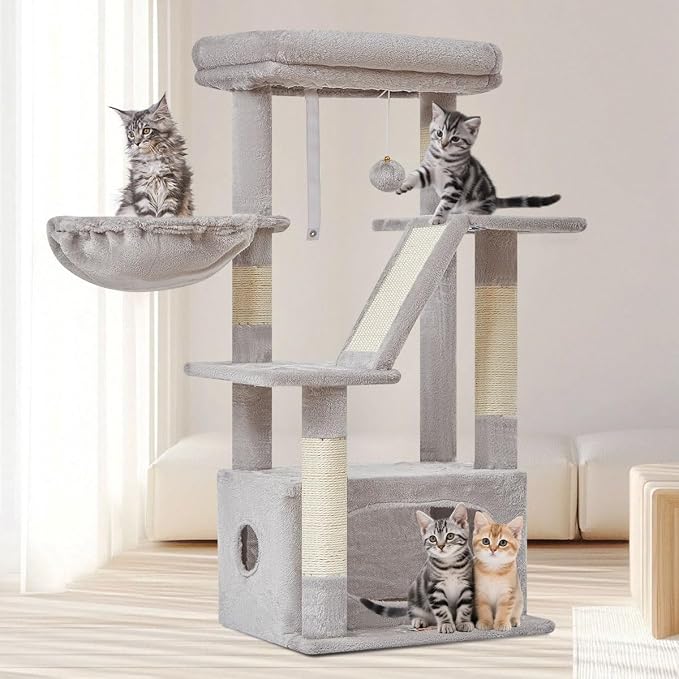 Taoqimiao Cat Tree, 38.5In Cat Tower for Indoor Cats, Suitable for Kittens | Thick Padded Top Perch, Luxurious Cat Condo, Adjustable Basket, 1-Piece Ramp Scratcher, 3 Sisal Posts, Light Gray, MS029SW