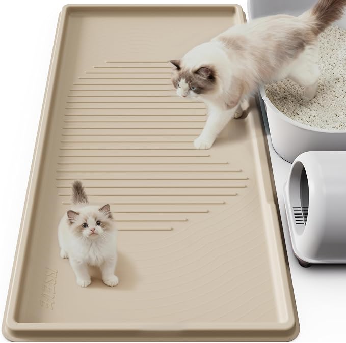 ISSEVE XXL Cat Litter Mat, Extra Large Silicone Litter Box Mat, Beige | 54" x 27.5" XXL, 1.38" Raised Edge, Urine Proof, Litter Trapping Mat for Scatter Control, Soft on Kitty Paws, Protect Floor