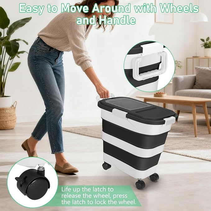 Dog Food Storage Container with Rolling Wheel and Airtight Lid, Black, 30LB | Foldable Food Storage Bins with Snap-Lid Seal to Keep Kibble, Pellets or Seeds Fresh for Dogs, Cats and Birds