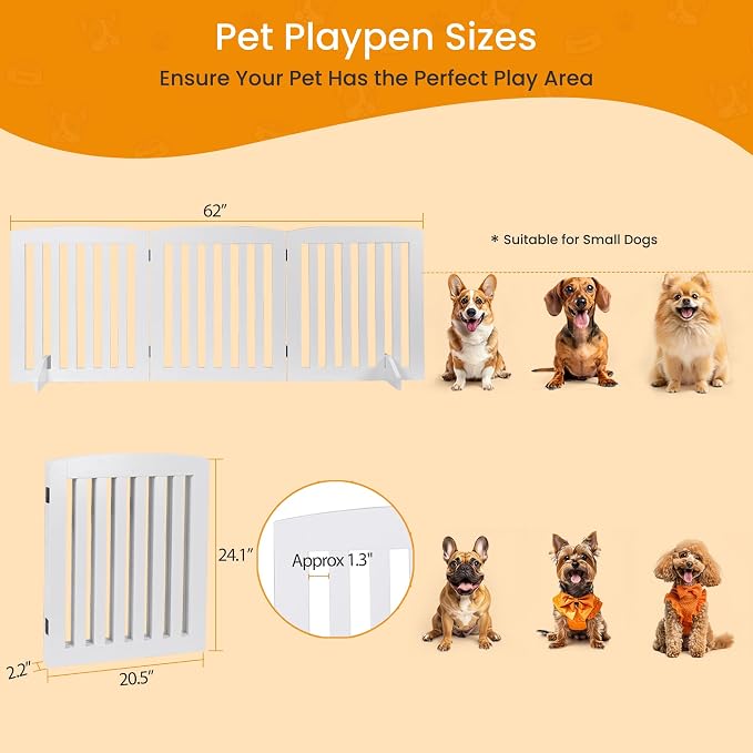 ZENY 24 Inch Pet Dog Gate, Foldable Freestanding Dog Door 3 Panel, White Wooden Z Shape Step Over Pet Fence for Entryway, Stairs, Doorway, White