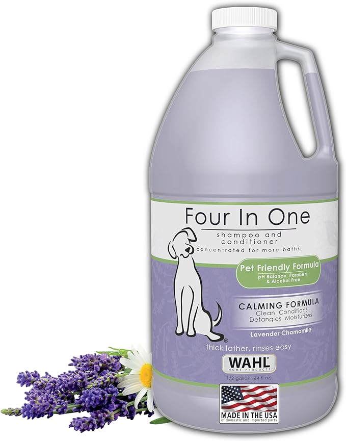 Wahl USA 4-in-1 Calming Pet Shampoo for Dogs, Lavender Chamomile, 64 oz | Half Gallon Shampoo For Multi-Dog Families To Clean, Condition, Detangle, And Moisturize Fur During Bath - Model 821000-050