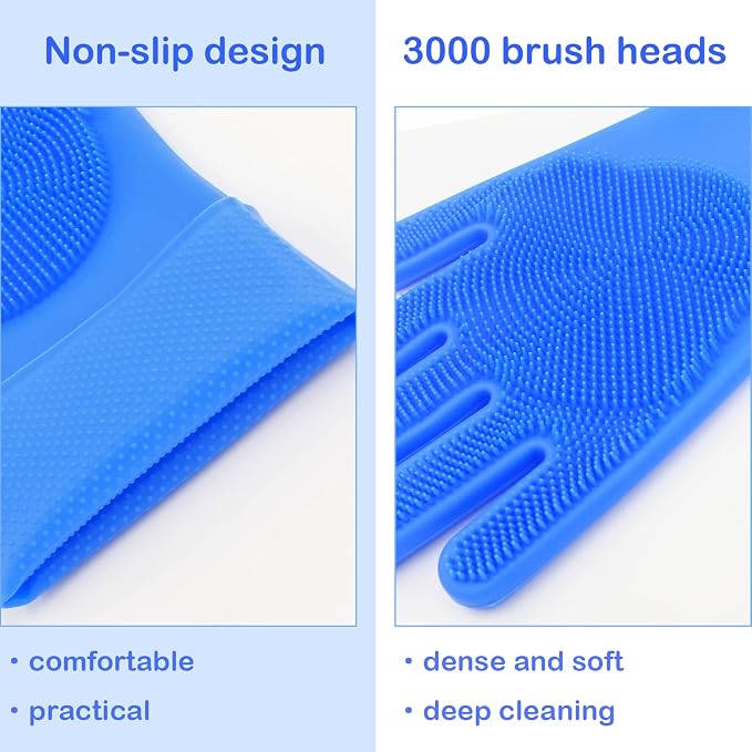 Silicone Pet Grooming Gloves Dog Washing Gloves for Bathing Massaging | 3,000 Soft Bristles, Non-slip & Extended Sleeves, Heat Resistant & Dishwasher Safe, For Cats and Dogs, Home/Car Cleaning