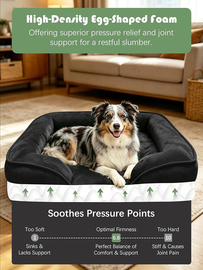 Spotted Play Orthopedic Dog Bed with Sides - Sofa Beds for Large Dogs, Supportive Foam Pet Couch Bed with Washable Removable Cover, Waterproof Lining and Non-Slip Bottom, Black - L