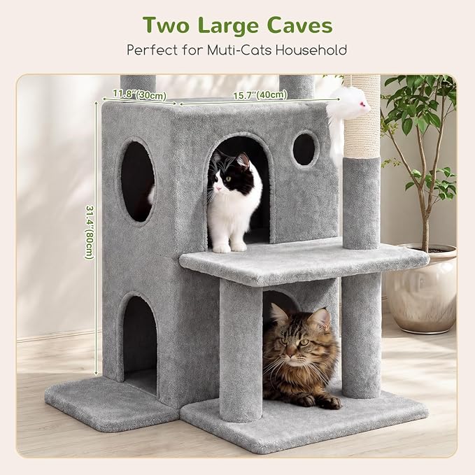 Globlazer Cat Tree Tower for Indoor Cats, 50-inch Adult Cat Tree House for Large Adult Cats with Steps, Scratching Post, 2 Cat Caves, Dangling Toys, FC50, Light Grey