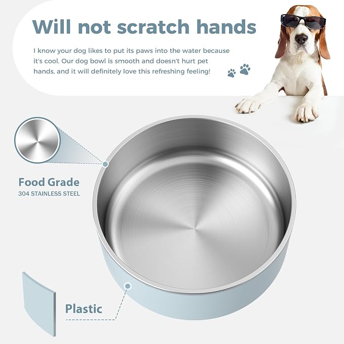 WENBOKMIN Dog Bowl, Stainless Steel Dog Food and Water Bowl with Non Slip Quiet Bottom, Easy to Clean, Dishwasher Safe, 40oz, Light Grey