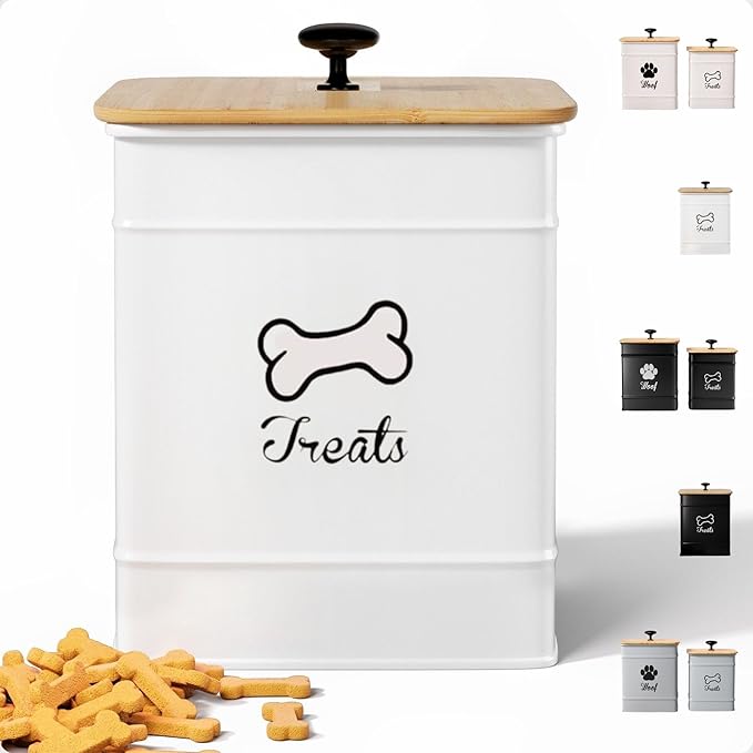Dog Treat Container with Airtight Bamboo Lid, 5"W x 7"H, 7 Cup Capacity | Fits Most Popular Treats, 7 Cups Capacity, Airtight Bamboo Lid, Easy Open Metal Lid Handle, Dent-Resistant Durable Metal