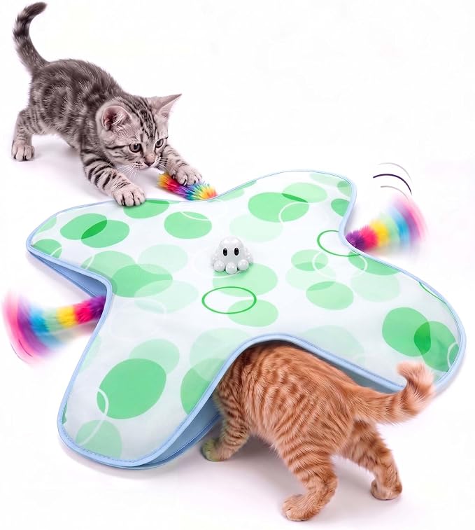 PetsBusy Automatic Hide &Seek Interactive Cat Toys for Indoor Cats,[Week-Long Big Battery] Rechargeable Smart Touch-Activated Kitten Toy with Moving Rainbow Tail for Bored Adult Cats,