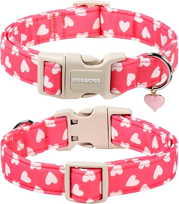 DOGWONG Dog Collar Plastic Buckle Collar for Valentine's Day Gift Pink Heart Love for Small Medium Large Boys Girls Dogs