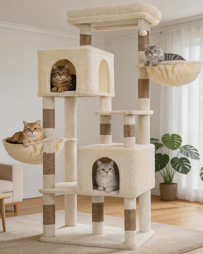 Heybly 68.1" Cat Tree with Oversized Top Platform & Wide Base HCT059MJ | Heavy Duty Cat Tower for Large Indoor Cats with 2 Condos, 2 Hammocks, 10 Sisal Scratching Posts, Stable Cat House, Beige