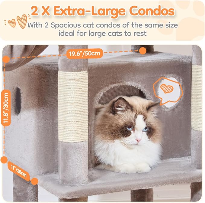 Taoqimiao Heavy Duty Cat Tree, 73In Sturdy Cat Tower for Large Cats 25lbs+ | 2 Widen Condos, Enlarged Sleeping Platform, 9 Scratching Posts, 2 Cozy Baskets, Cat Toys, Light Gray, F30W